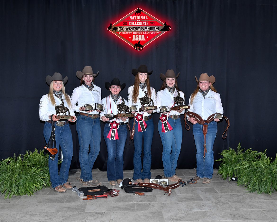 MTSU 2021 ASHA National Show participants Rachel Petree, left, Lindsay Gilleland, Louann Braunwalder, Taylor Meek, JoBeth Scarlett and Jordan Dillenbeck pose with the individual awards they received during the competition held April 16-17 in the Nolan County Coliseum in Sweetwater, Texas. The Blue Raiders finished fourth overall after winning the 2019 Division 2 event. (Submitted photo by High Cotton Promotions)
