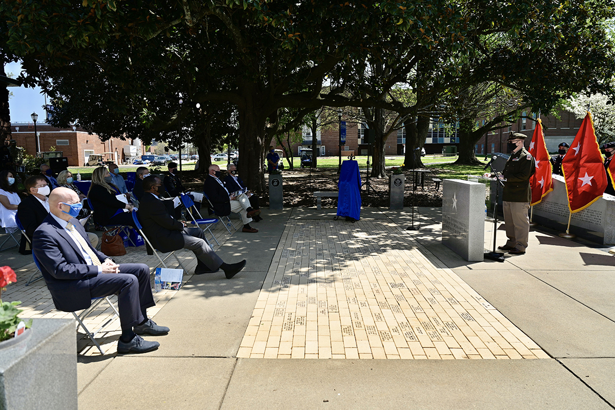 Brig. Gen. Robert S. Powell Jr., an MTSU alumnus, addresses the gathering of family, friends, MTSU officials, general officers and others Monday, April 12, at the Veterans Memorial outside the Tom H. Jackson Building on the MTSU campus. During the ceremony, there was an unveiling of a commemorative brick in his honor. Powell is a 1991 graduate of MTSU and its ROTC program. He is deputy commanding general of the 335th Signal Command in East Point, Georgia. (MTSU photo by Andy Heidt)