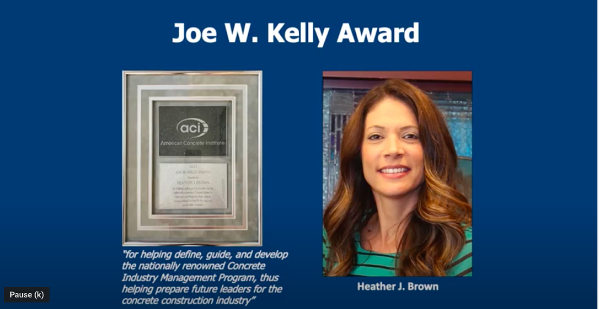 Heather Brown, MTSU professor in the School of Concrete and Construction Management and longtime program director, received the American Concrete Institute’s Joe W. Kelly Award for 2021 during a recent ceremony. She has had two decades of leadership in the Concrete Industry Management program at five U.S. universities, including MTSU. (Screenshot from ACI awards ceremony)