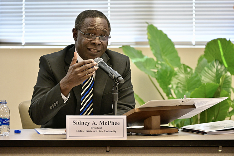 MTSU President Sidney A. McPhee, left, gives his report to the Board of Trustees during its meeting held Tuesday, April 6, 2021, inside the Miller Education Center. (MTSU photo by Andy Heidt)