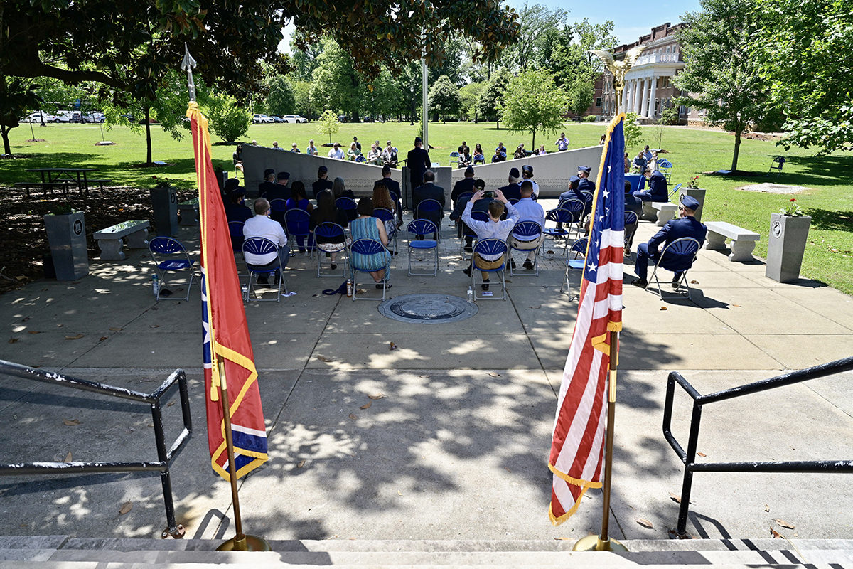 Family and friends attend the annual Air Force ROTC Detachment 790/Tennessee State University spring 2021 commissioning ceremony May 15 at the Veterans Memorial outside the Tom H. Jackson Building at MTSU. Four recent graduates, including two from MTSU were commissioned as second lieutenants. Detachment 790 includes MTSU and nearly a dozen other Middle Tennessee and southern Kentucky colleges and universities. (MTSU photo by Andy Heidt)