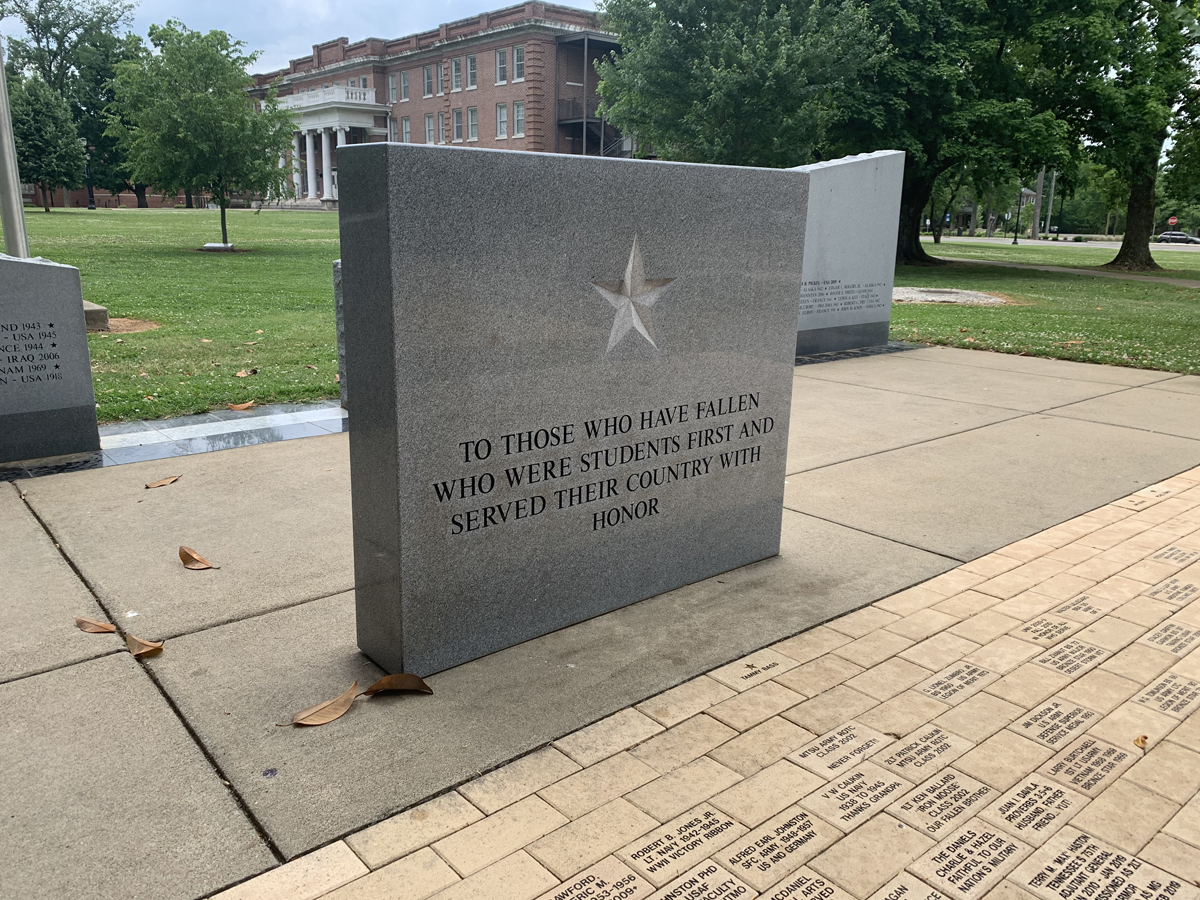 The general public is invited to visit the MTSU Veterans Memorial, 628 Alma Mater Drive near Middle Tennessee Boulevard, during the Memorial Day Weekend May 29-31. the site includes a granite and brick memorial listing the names of fallen military alumni as well as other MTSU-affiliated fallen soldiers, alumni veterans and military-connected organizations and supporters. (MTSU photo by Randy Weiler)