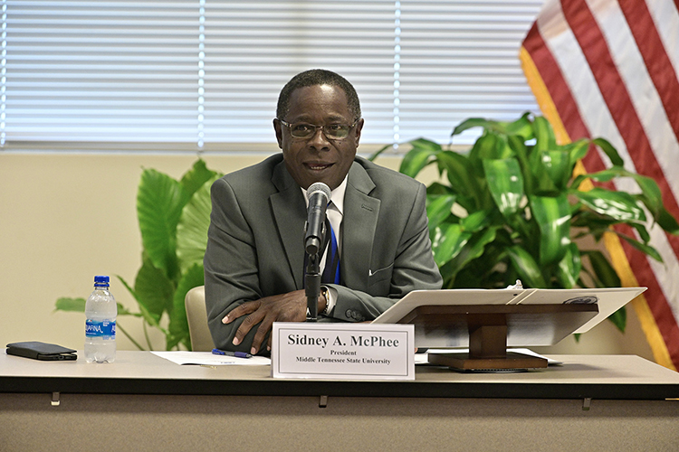 MTSU President Sidney A. McPhee, left, gives his report to the Board of Trustees during its meeting held Tuesday, June 8, 2021, inside the Miller Education Center on Bell Street. (MTSU photo by Andy Heidt)