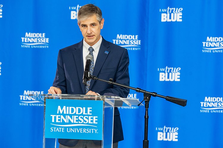 Greg Van Patten, Middle Tennessee State University dean for the College of Basic and Applied Sciences, speaks to the audience of students, faculty, staff and family members during the college’s annual awards ceremony in April. Van Patten leads the college’s 11 departments, dozens of programs and six specialized centers. (MTSU file photo by Andy Heidt)