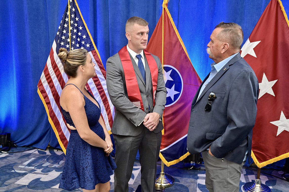 Brienanna, left, and Corbitt Huseth visit with David Corlew of The Journey Home Project following the Graduating Veterans Stole Ceremony Wednesday, July 28, in the Ingram Building’s MT Center on the MTSU campus. Corbitt Huseth, who will earn his doctorate in human performance, will be the first graduating student veteran to receive a third stole for earning his third degree. Brie Huseth will be pursuing a master’s degree in education at MTSU starting this fall. (MTSU photo by Andy Heidt)