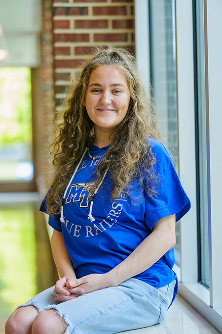Leah Solomon, Middle Tennessee State University student, poses for a portrait inside the university’s College of Education on June 30, 2021, where — inspired by her mother, a True Blue education alumna — she studies special education in preparation to serve as an early childhood special education teacher. (MTSU photo by Andy Heidt)