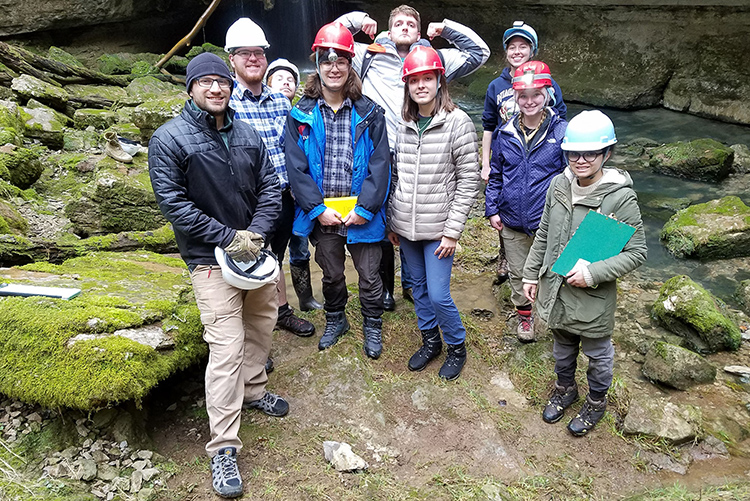 Middle Tennessee State University students from the Field Methods in Geology course visited Snail Shell Cave in Rockvale, Tenn., on Feb. 23, 2020. Standing from left are Jason Sipes, Patrick Owen, Jacob Barber, Raymond Williams, Brandon Watts, Morgan Kaloshi, Rosalie Gunger, Robbie Hillis and Kennedy Wallace. (Photo courtesy of Mark Abolins)