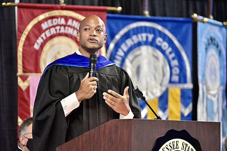 Youth advocate, social entrepreneur and military veteran Wes Moore gives his keynote address Saturday, Aug. 21, at the 2021 University Convocation at Murphy Center. (MTSU photo by Andy Heidt)