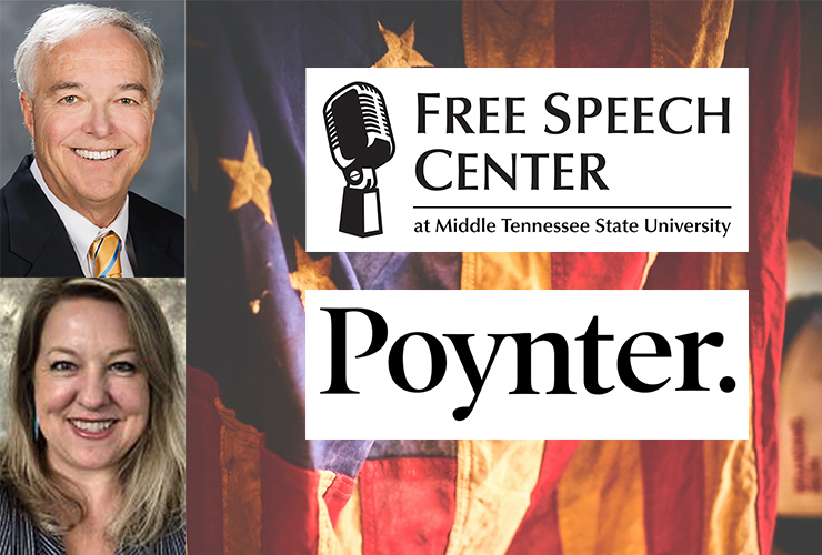 Ken Paulson, top left, director of the Free Speech Center at MTSU, and Barbara Allen, director of college programming at the Poynter Institute, are spearheading a collaboration between the two institutions to provide free online educational resources about the First Amendment to college campuses throughout the country. (U.S. flag photo by Gerritt Tisdale from Pexels)