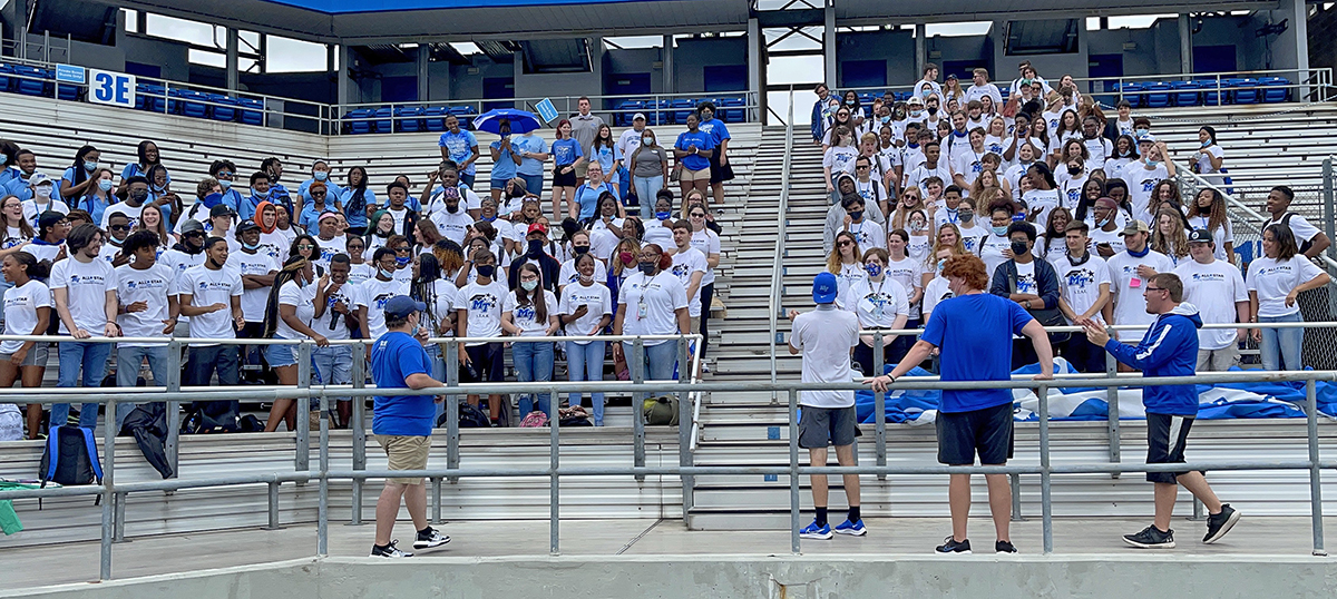 MTSU STAR Conference participatns — from Scholars Academy and STAR — learn about being in the student section at Blue Raider football games during the recent Blue Zoo day in Floyd Stadium. (Submitted photo by Travis Strattion)