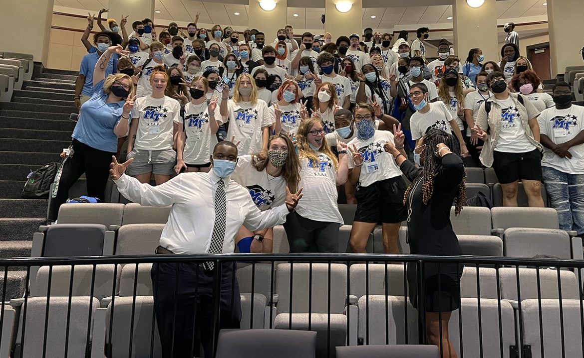 At the closing ceremonies, MTSU Scholars Academy and STAR program students have fun to conclude the two-week STAR Conference in the Business and Aerospace Building. STAR and Scholars Academy are Office of Student Success summer initiatives. (Submitted photo)
