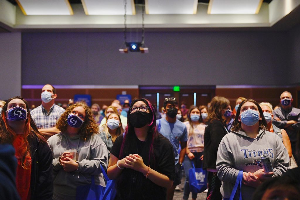 Prospective MTSU students and their parents watch a video during the kickoff event for the True Blue Tour in August 2021 in the Student Union Ballroom on campus. Campus officials visit 14 cities in four states during the fall recruiting season. MTSU kicks off the tour at 6 p.m. Wednesday, Aug. 17, in Murfreesboro with the Rutherford County student reception in the Student Union Ballroom. (MTSU file photo by Cat Curtis Murphy)