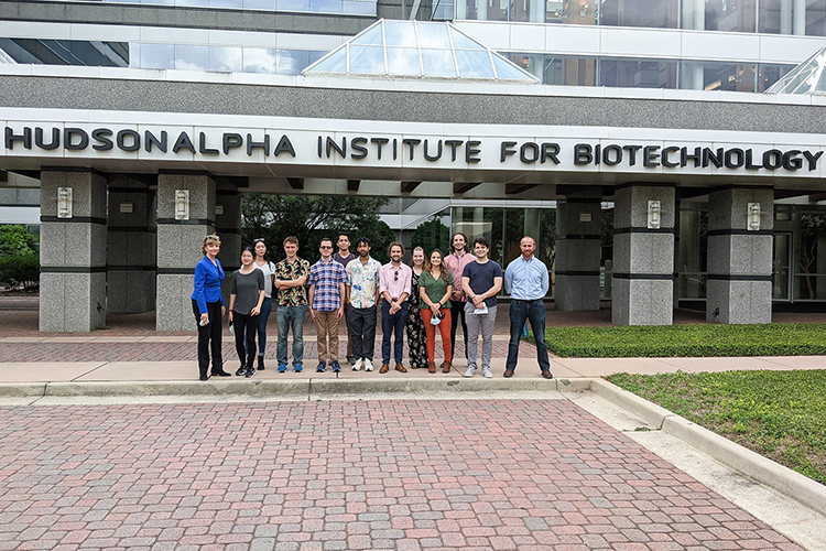 Middle Tennessee State University faculty Andrienne Friedli, far left, and Justin Miller, far right, along with a cohort of chemistry undergraduate students from around the country who earned the National Science Foundation Research Experience for Undergraduates grant, visited the HudsonAlpha Institute for Biotechnology in Huntsville, Ala., on June 25, 2021. (Photo courtesy of Adrienne Friedli)