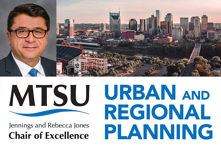 Dr. Murat Arik, management professor, was recently appointed as the new Jennings and Rebecca Jones Chair of Excellence in Urban and Regional Planning. (MTSU photo of Arik; Nashville skyline photo by Tanner Boriack on Unsplash)