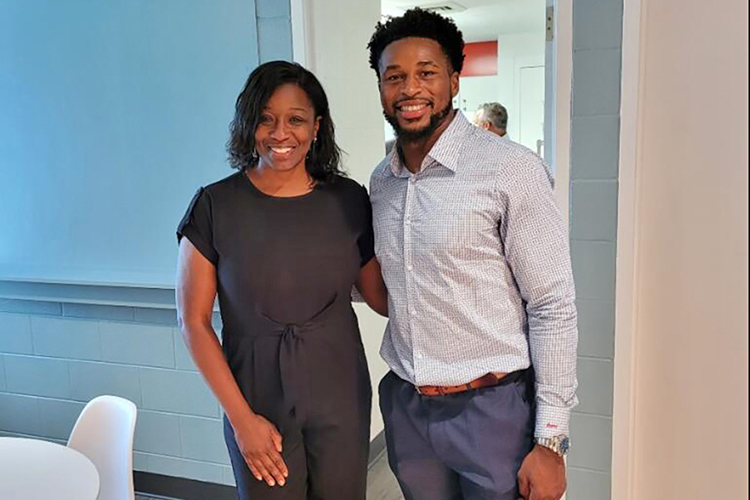 MTSU alumnus and Tennessee Titans safety Kevin Byard, right, and poses with alumna Shatina Marshall, resource linkage coordinator for the Tennessee Department of Children’s Services, at the August ribbon-cutting ceremony for the renovated Resource Linkage Office in Nashville, Tenn. The office temporarily houses children and youth entering Davidson County foster care system each year. The renovations were paid for by The Byard Family Legacy Fund. (Submitted photo)