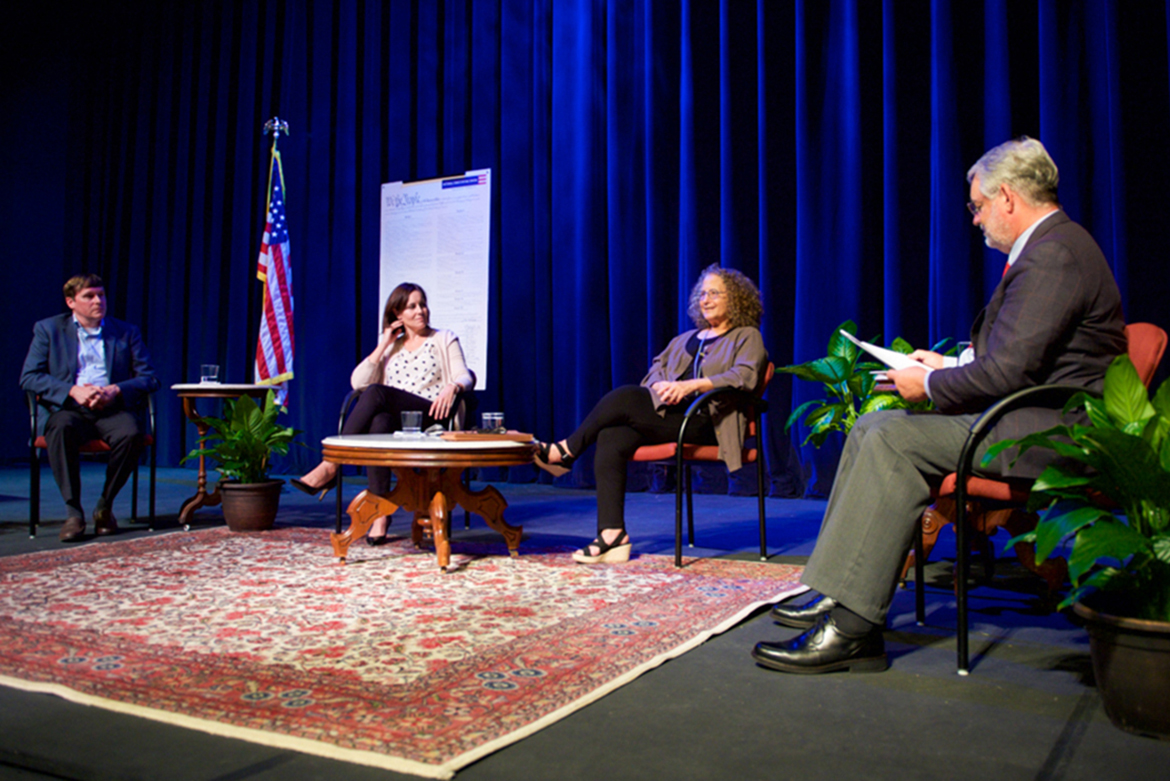 Dr. Louis Kyriakoudes, right, director of the Albert Gore Research Center, moderates a discussion titled "State Legislatures Shaping the Nation: Tennessee Law and National Civic Culture" Sept. 13 at Tucker Theatre as part of MTSU's Constitution Week celebration. Participants are, from left, Beacon Center of Tennessee President and CEO Justin Owen, Think Tennessee President Shanna Singh Hughey, and American Civil Liberties Union of Tennessee Executive Director Hedy Weinberg. (MTSU photo by James Cessna)