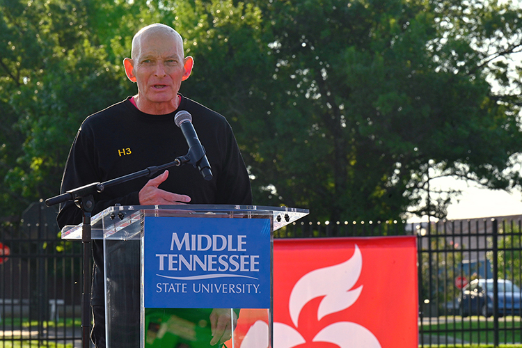 Retired U.S. Army Lt. Gen. Keith Huber, leader of the 2021 Rutherford County Heart Walk, addresses the participants at Dean A. Hayes Track and Soccer Stadium Sept. 25. (MTSU photo by Cat Curtis Murphy)