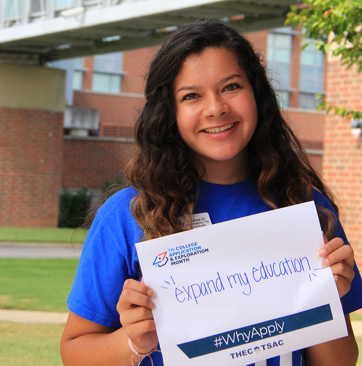 Maritza Oceguera, an MTSU junior business management major from Murfreesboro, promotes the #WhyApply effort during the fall college application season. MTSU will waive application fees until 11:55 p.m. Sunday, Sept. 26. (MTSU photo by Katie Roberts)