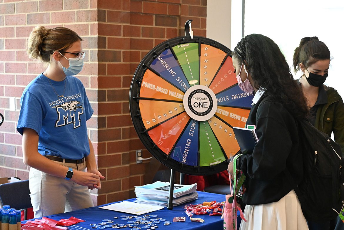 MTSU’s Power of One bystander intervention program through the June Anderson Center for Women and Nontraditional Students was among the organizations and programs participating in the Mental Wellness and Suicide Prevention Fair held Wednesday, Sept. 22, in the Student Union atrium. Information and resources were available for suicide prevention, stress relief, and coping strategies, with activities including rock painting, Mental Health Jeopardy, make-your-own stress ball, meditation booth and more. (MTSU photo by Leah Chollman)