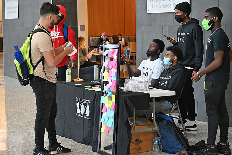 The MTSU Collegiate 100 student group was among the organizations participating in the Mental Wellness and Suicide Prevention Fair held Wednesday, Sept. 22, in the Student Union atrium. Information and resources were available for suicide prevention, stress relief, and coping strategies, with activities including rock painting, Mental Health Jeopardy, make-your-own stress ball, meditation booth and more. (MTSU photo by Leah Chollman)