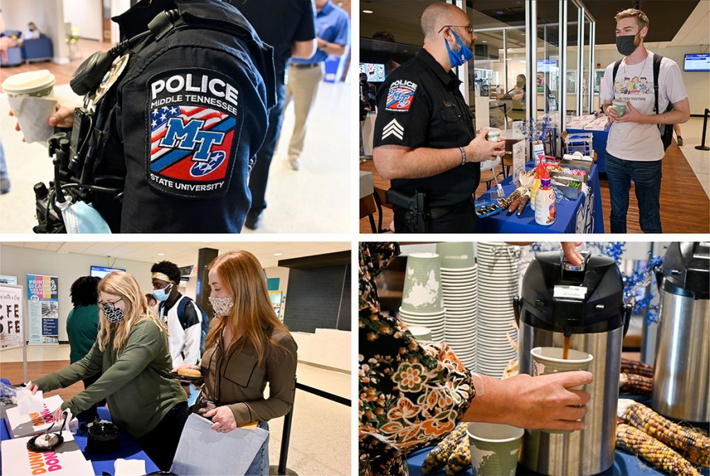Middle Tennessee State University Police shared complimentary coffee, donuts and conversation with the MTSU community at the Coffee with a Cop event hosted at the Keathley University Center on campus on Sept. 29, 2021. (MTSU photos by Stephanie Barrette)