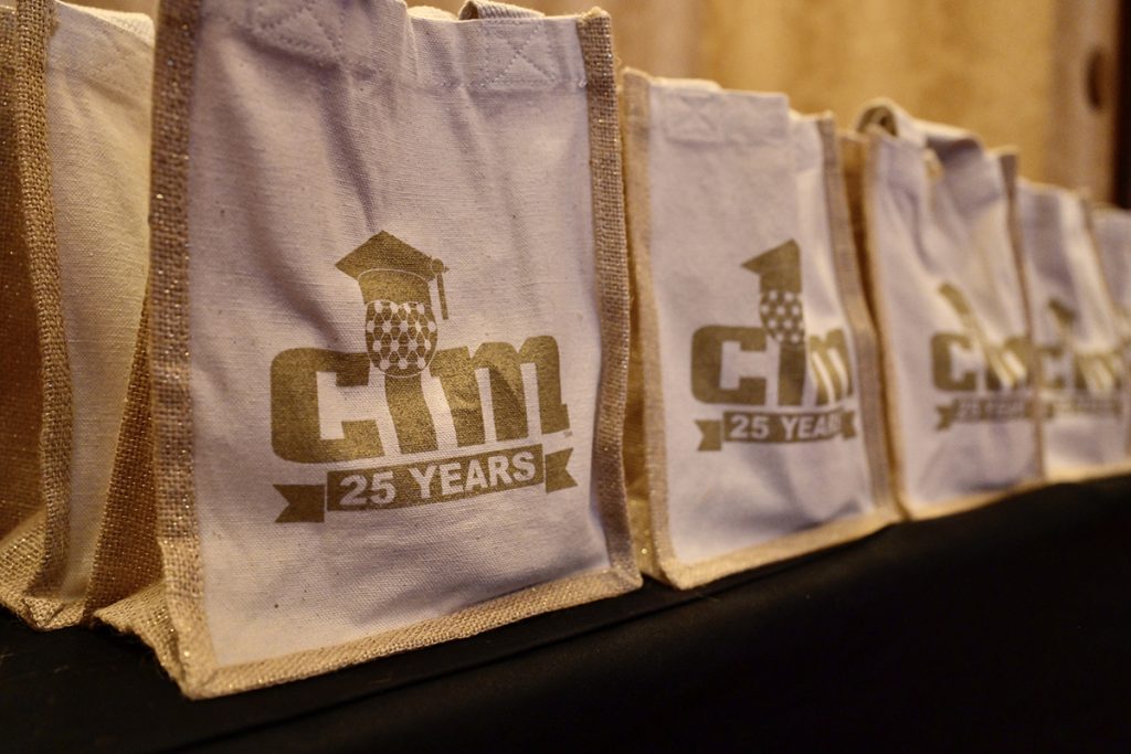 For the national Concrete Industry Management's 25th Anniversary, organizers provided cloth bags as part of the swag. MTSU's CIM program, the first in the country, hosted the special event Tuesday, Oct. 26, at Embassy Suites Hotel Nashville SE Murfreesboro. Gift items included a CIM whiskey glass, whiskey rocks and a small bottle of Tennessee-made Jack Daniel's, all to say "Cheers to CIM." (MTSU photo by Andy Heidt)