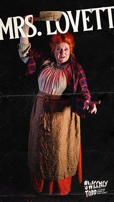 MTSU Master of Liberal Arts student Sandy Flavin of Hermitage, Tenn., raises a meat cleaver in character as Mrs. Lovett for the MTSU Theatre fall 2021 production of "Sweeney Todd: The Demon Barber of Fleet Street," which is set Nov. 4-7 in the university's Tucker Theatre. Ticket and more show information is available at https://mtsu.edu/SweeneyTodd. (photo provided)