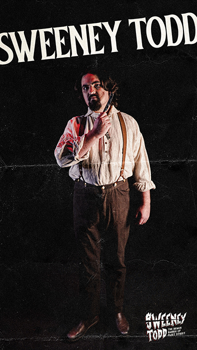 MTSU senior Max Fleischhacker of Knoxville, Tenn., wields his blade in character as Sweeney Todd for the MTSU Theatre fall 2021 production of "Sweeney Todd: The Demon Barber of Fleet Street," which is set Nov. 4-7 in the university's Tucker Theatre. Ticket and more show information is available at https://mtsu.edu/SweeneyTodd. (photo provided)