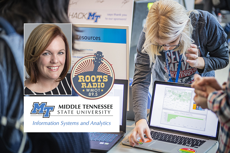 A participant demonstrates part of her group project's research data in this file image from MTSU's 2019 HackMT event, an annual weekend gathering for computer science and information systems students, programmers, developers and designers to collaborate on new apps and inventions. Dr. Amy Harris, shown at upper left, graduate program director and an associate professor in the Department of Information Systems and Analytics in MTSU's Jones College of Business, will discuss the demographic makeup and diversity needs of the technology industry on "MTSU On the Record" this Tuesday, Oct. 12, from 9:30 to 10 p.m. and from 6 to 6:30 a.m. Sunday, Oct. 17, on WMOT-FM Roots Radio 89.5 and www.wmot.org. (MTSU file image by Kimi Conro)