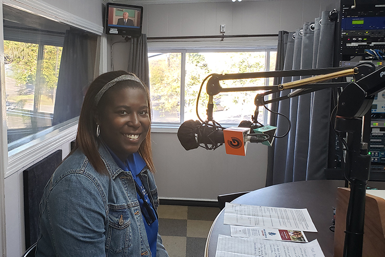 Ashley White, administrative executive aide in MTSU Campus Recreation, appeared on WGNS Radio’s Oct. 18 “Action Line” program with host Scott Walker. (MTSU photo by Jimmy Hart)