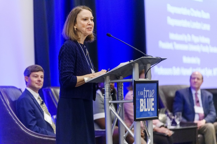 Mary Evins, a research professor of history in the University Honors College and coordinator of Middle Tennessee State University’s American Democracy Project, introduces a voting panel in February 2020 in the MTSU Student Union Ballroom as part of the Tennessee Campus Civic Summit. This year’s summit, which will attract more than 100 students, campus representatives and elected officials, will be held Friday, Feb. 23, at the Miller Education Center, 503 Bell St., in Murfreesboro. (MTSU file photo by J. Intintoli)
