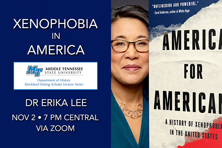 Photo of historian and professor Erika Lee and the cover of her book 