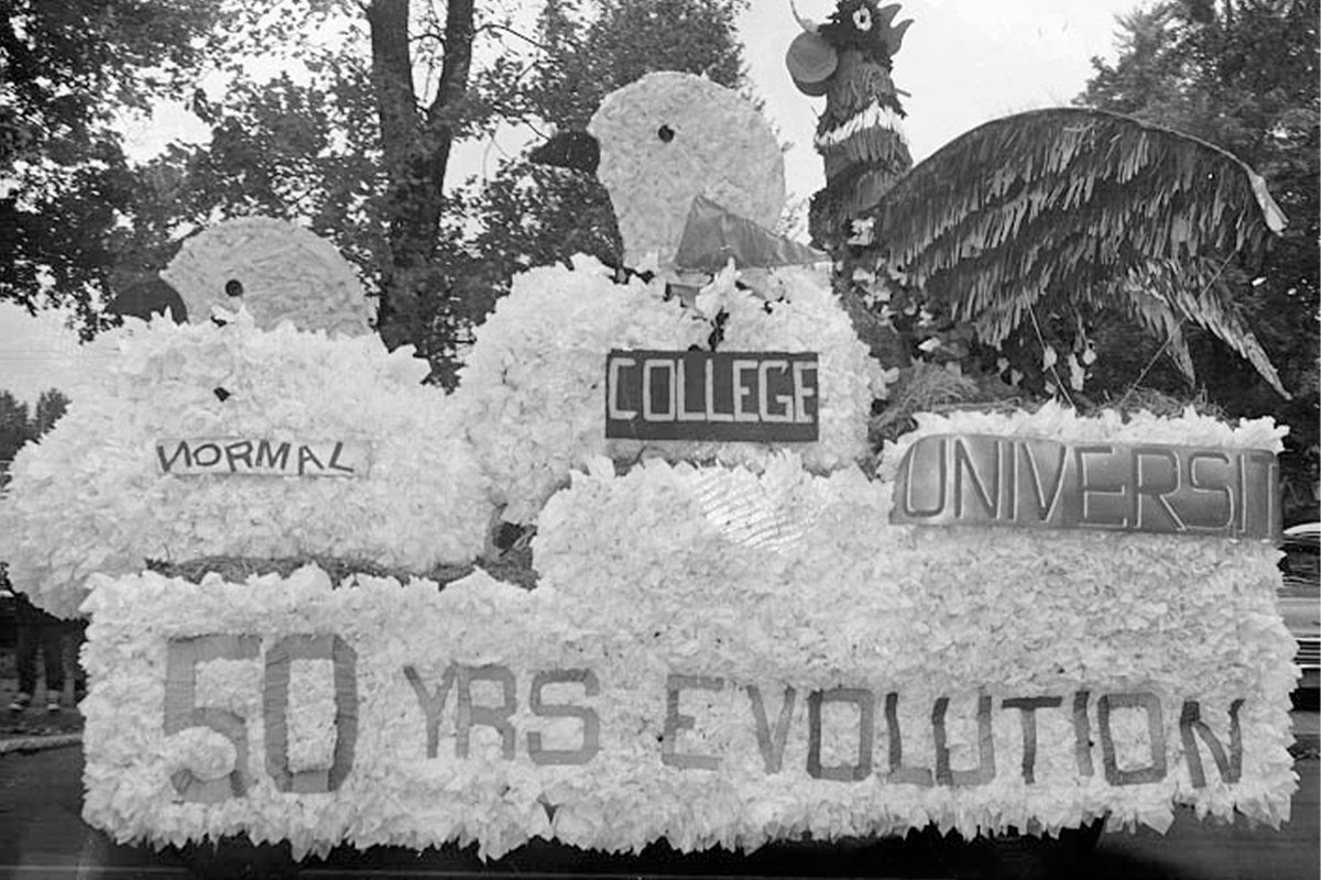 A later homecoming float, honoring the school’s evolution into a university. (Photo: Albert Gore Research Center)