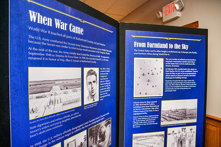 Staff from the Center for Historic Preservation at Middle Tennessee State University recently earned a $43,000 Library of Congress grant for a research project about WWII’s impact on the Tennessee Homefront. Staff on the project recently visited the Rutherford County WWII exhibit at the Heritage Center of Murfreesboro and Rutherford County in Murfreesboro, Tenn., on Oct. 13, 2021. (MTSU photo by Andy Heidt)