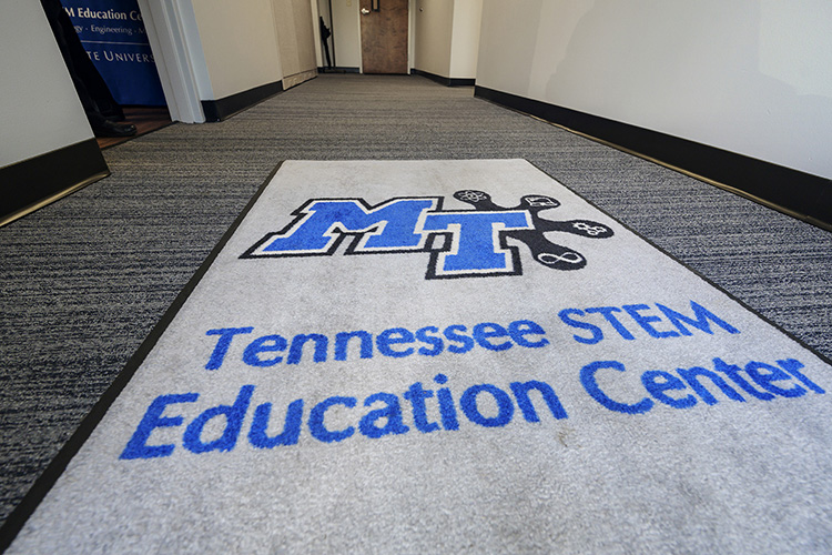 Staff unveiled the new entrance to the Tennessee STEM Education Center at Middle Tennessee State University at the center’s open house on Sept. 29, 2021. Key updates, such as the office’s new designated entrance, now better reflect the center’s mission as a leading STEM education advocate and make it more accessible to students and STEM stakeholder partners alike. (MTSU photo by Andy Heidt)
