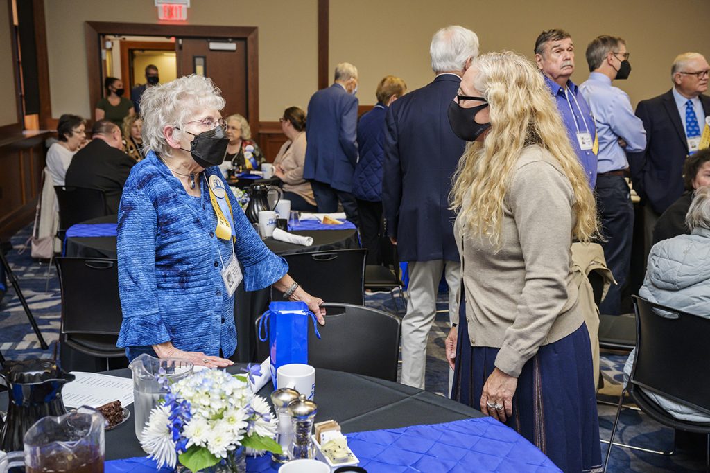 Suma Clark, left, former director of the MTSU Department of Publications and Graphics (now Creative Marketing Solutions) visits with Kathleen Schmand, dean of the James E. Walker Library, Friday, Oct. 29, during the Golden Raiders reunion. The Classes of 1970-71 and beyond were recognized this year during homecoming. (MTSU photo by Andy Heidt)