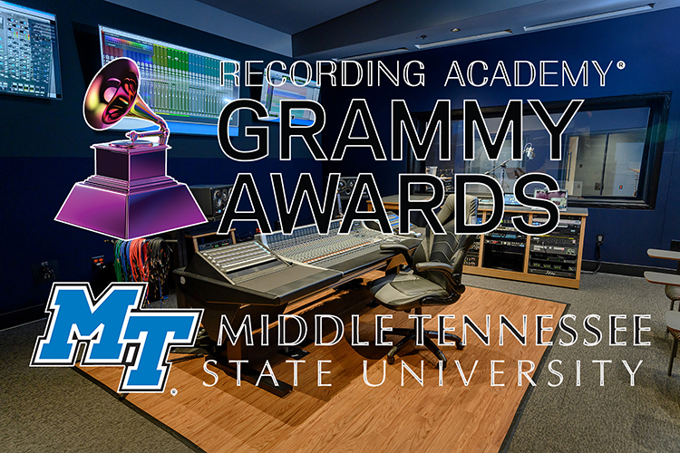 File image of the new Studio D in the MTSU Department of Recording Industry’s “Main Street Studios,” which opened in January for Audio Production Program students’ use, with the 64th annual Grammy Awards and MTSU horizontal logos. (MTSU file photo by J. Intintoli)