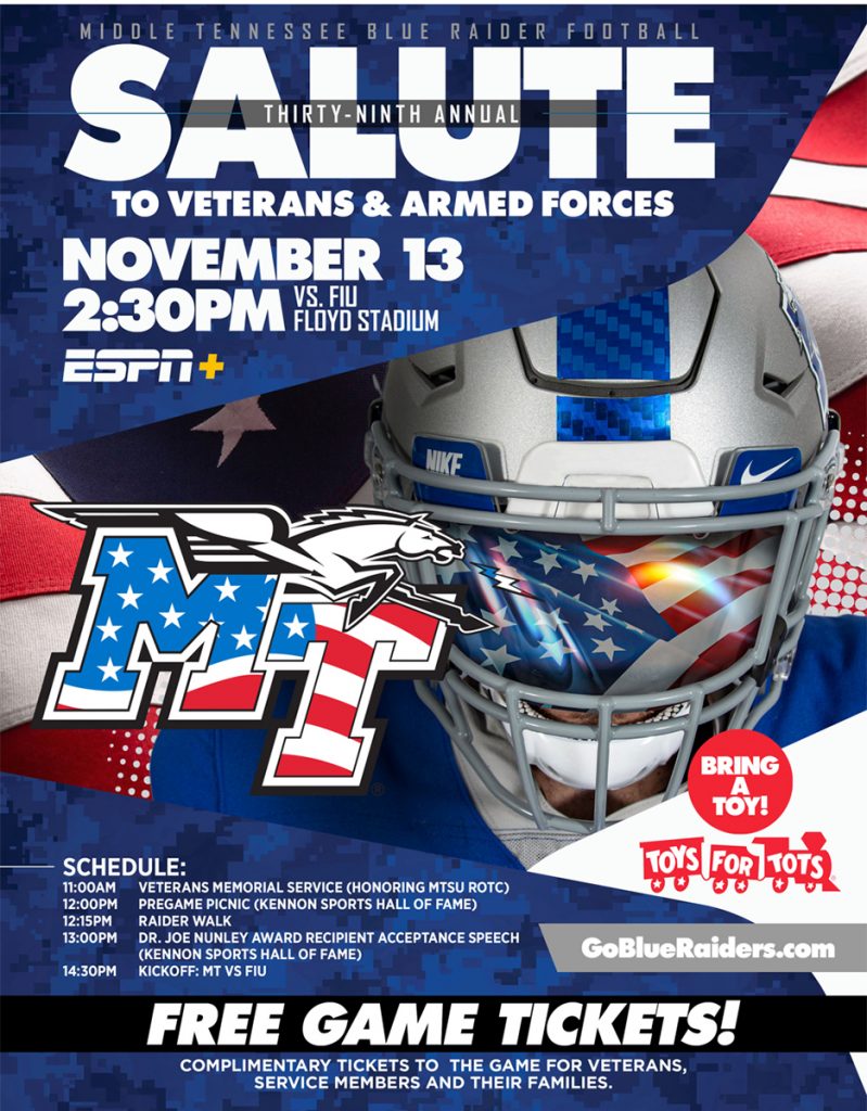 MT Athletics flyer for 39th MTSU Salute to Veterans and Armed forces game