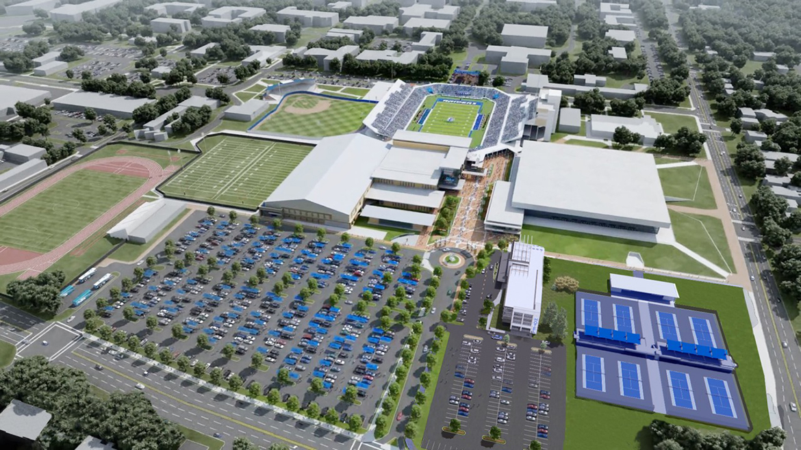 This artist rendering shows an aerial view of the proposed upgrades to MTSU athletic facilities as part of the Build Blue Now campaign to invest $100 million for construction and upgrades in and around Floyd Stadium and Murphy Center. (Courtesy of MT Athletics)
