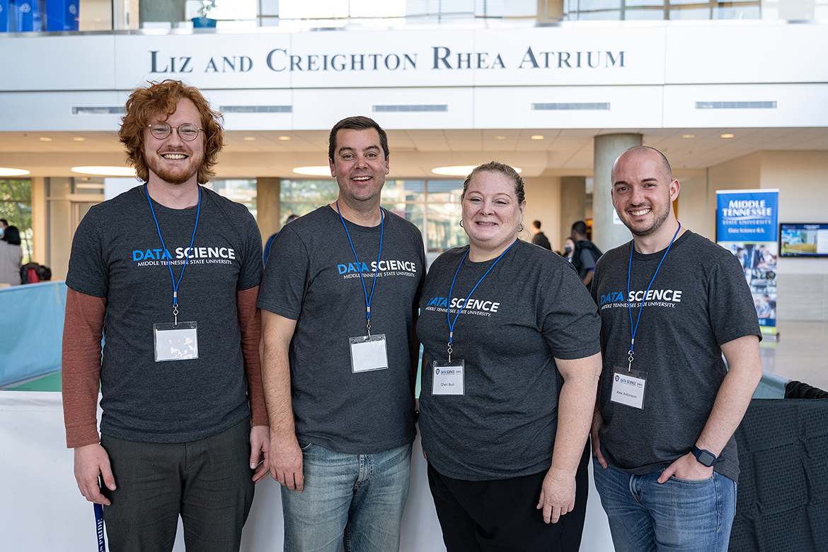 Pictured, from left, are Alex Murphy, data scientist; Cheri Burt, MTSU Data Science executive aide; MTSU biology professor Ryan Otter, director of the Data Science Institute; and data scientist Alex Antonison at the Nov. 13 “AWS DeepRacer” event held in the Science Building Atrium. (MTSU photo by Cat Curtis Murphy)