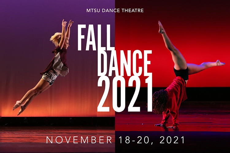 Student members of the MTSU Dance Theatre leap and land on the Tucker Theatre stage in these file photos from a previous Fall Dance Concert with text superimposed over the images that reads “MTSU Dance Theatre, Fall Dance Concert, Nov. 18-20, 2021.” (file photos by Martin O’Connor)