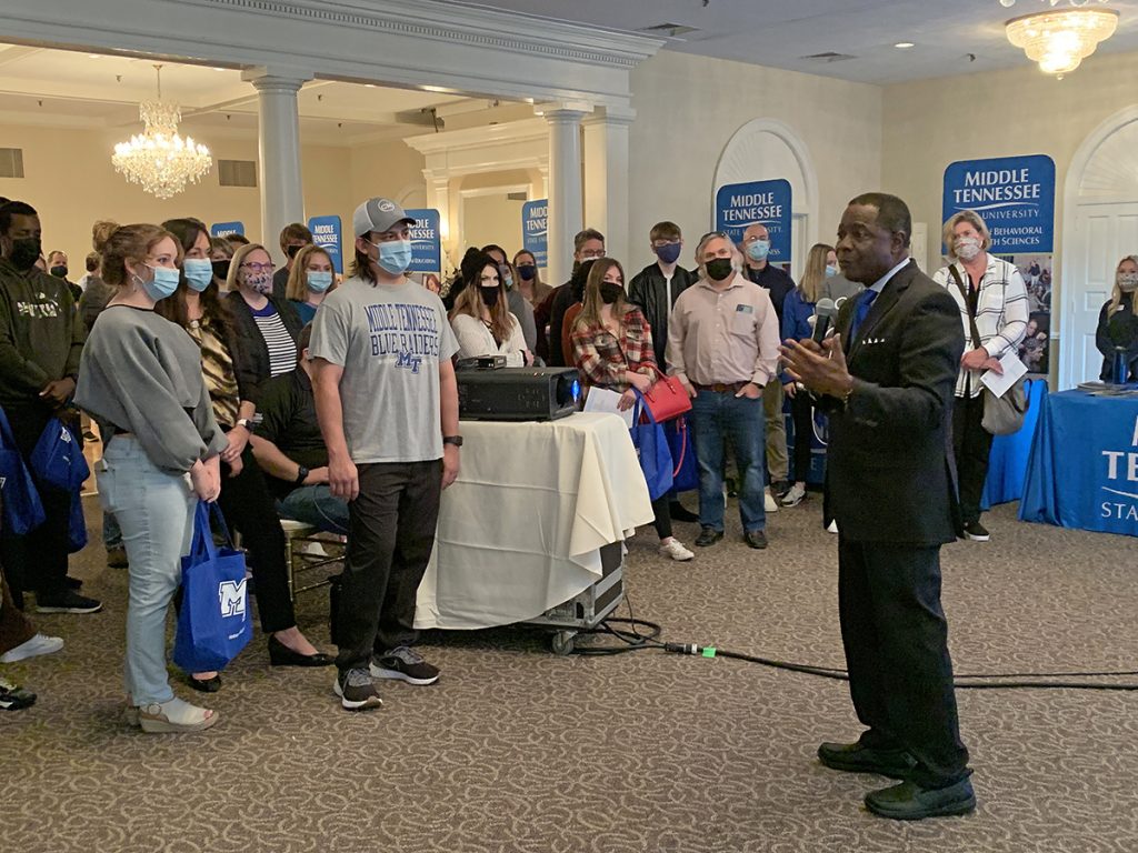 MTSU President Sidney A. McPhee, right, addresses the crowd attending the recent True Blue Tour recruiting event in Johnson City, Tenn., at the Johnson City Country Club. McPhee discussed the variety of outstanding MTSU programs, affordability and caring MTSU staff. (MTSU photo by Randy Weiler)