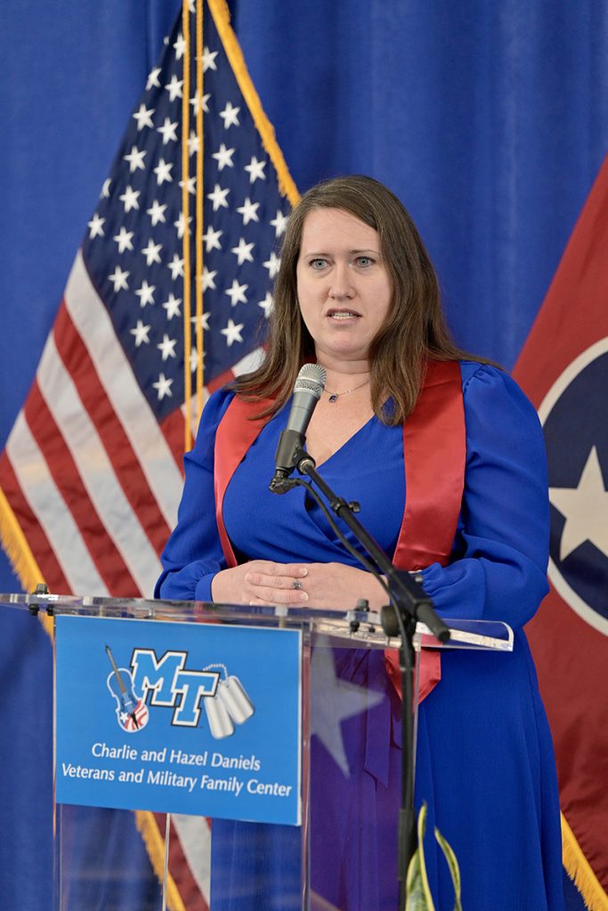 U.S. Army veteran Christy Sigler, who is assistant to the president for Institutional Equity and Compliance at MTSU, speaks to veterans and active military personnel recognized during the MTSU Faculty-Staff Stole Ceremony Wednesday, Nov. 10, in the Ingram Building’s MT Center. (MTSU photo by Andy Heidt)