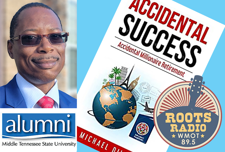 MTSU alumnus Michael Dillard, top left, author of the book “Accidantal Success,” was a guest on a recent “MTSU On the Record” radio program with host Gina Logue that airs on WMOT-FM Roots Radio 89.5. (Submitted photo and book cover)