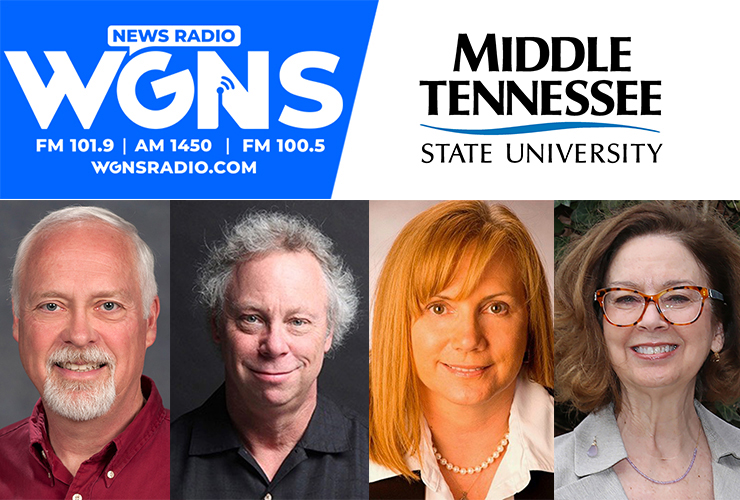 MTSU faculty and staff appeared on WGNS Radio’s Nov. 15 “Action Line” program with hosts Scott Walker and Bryan Barrett. Guests included, from left in order of appearance Dr. Kimball Bullington, management professor in the Jones College of Business; Dan Pfeifer, professor of recording industry, and Dr. Denise Shackelford, assistant professor of recording industry; and Dr. Mary Evins, a research professor of history and coordinator of the American Democracy Project. (MTSU photo illustration by Jimmy Hart)