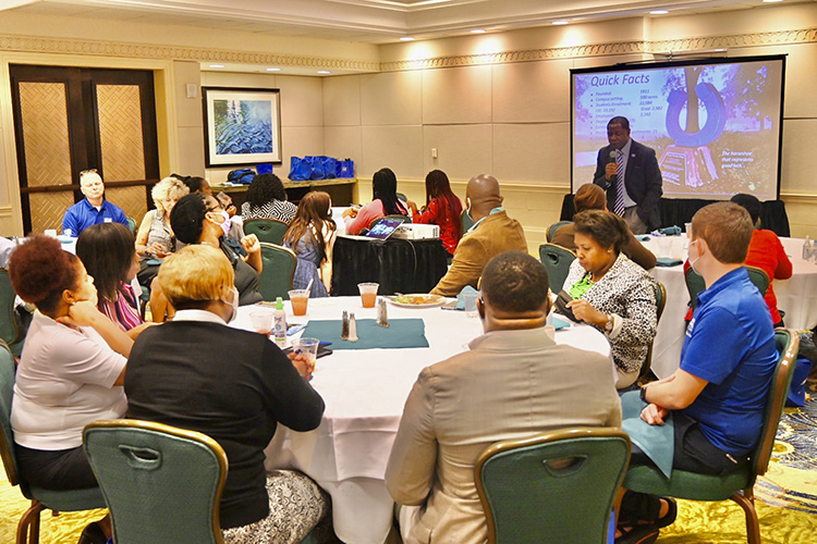 MTSU President Sidney A. McPhee hosted about 30 high school counselors from The Bahamas for an informational luncheon Tuesday, Dec. 14. (MTSU photo by Andrew Oppmann)