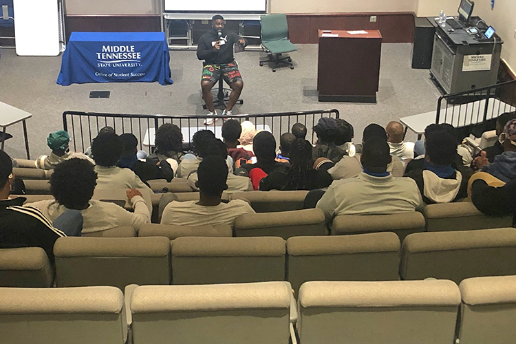 Jay Barnett, author, speaker, family therapist and mental health coach, speaks to MTSU students participating in the 2021-22 Black Male Lecture Series during the series kickoff in August at the Business and Aerospace Building’s State Farm Lecture Hall. The series is sponsored by the Office of Student Success. (Submitted photo)