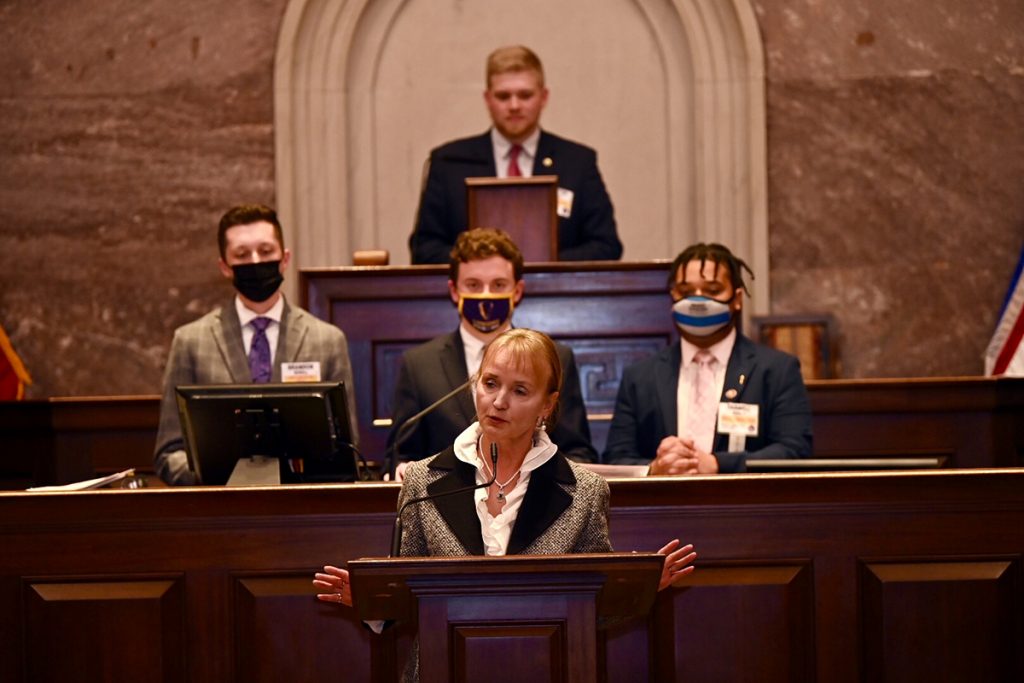 Beth Harwell, former speaker of the house in the Tennessee General Assembly, addresses students attending the Tennessee Intercollegiate State Legislature recently at the State Capitol in Nashville, Tenn. MTSU had a delegation of students at the four-day session. Harwell served as a mentor to the MTSU students. In 2019, Harwell became MTSU Distinguished Visiting Professor. (MTSU photo by James Cessna)