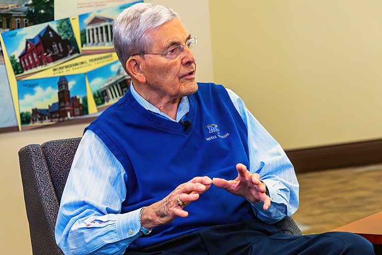 MTSU alumnus and director John Hood discusses his life, career and legacy on the final CityTV “Storytellers” program in the MTSU Room at the Rutherford County Chamber of Commerce after serving as host for 10 years. (City of Murfreesboro photo)