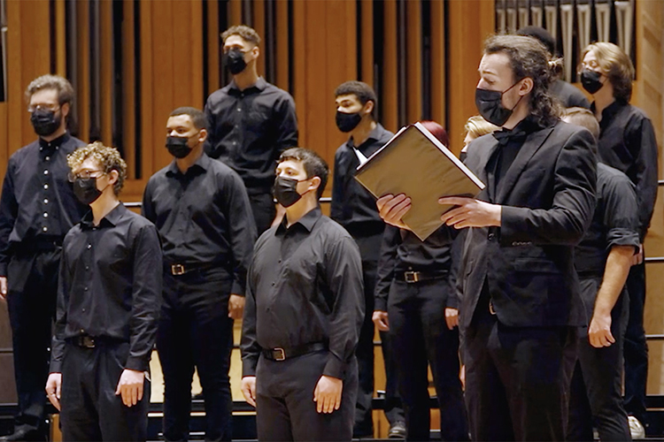 Members of the Middle Tennessee State University Men’s Chorale perform in the 2021 "Joys of the Season” holiday-themed arts showcase from the College of Liberal Arts, premiering Monday, Dec. 6, at 6 p.m. Central on MTSU's True Blue TV — https://mtsu.edu/TrueBlueTV — and the university’s Facebook page and YouTube channel. The hourlong program will be airing all month on True Blue TV and other area media outlets. (MTSU screenshot)